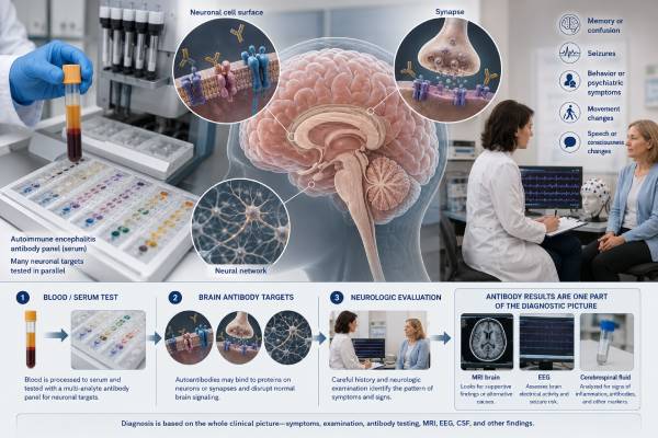 Learn how autoimmune encephalitis antibody panels detect brain-directed antibodies, when serum and CSF testing are used, and what positive or negative results may mean.