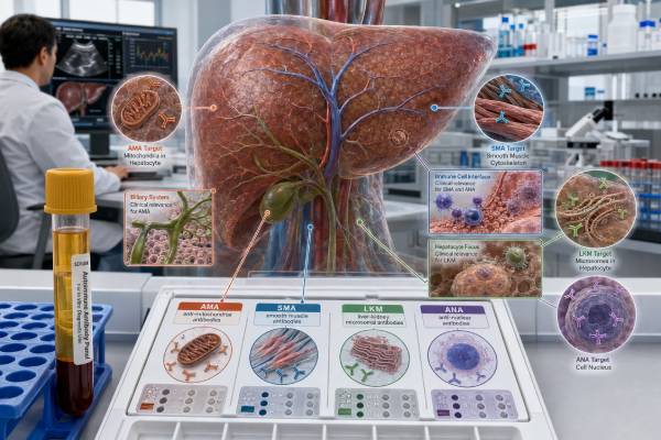 Understand how AMA, SMA, LKM-1, ANA, SLA, and related antibodies help evaluate autoimmune hepatitis, primary biliary cholangitis, overlap disease, and abnormal liver tests.