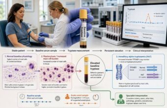 Learn how a baseline tryptase test is collected and interpreted, including reference ranges, hereditary alpha-tryptasemia, mastocytosis criteria, and appropriate follow-up.