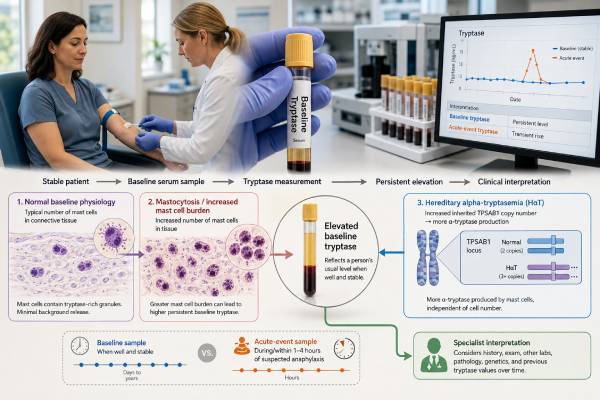 Learn how a baseline tryptase test is collected and interpreted, including reference ranges, hereditary alpha-tryptasemia, mastocytosis criteria, and appropriate follow-up.