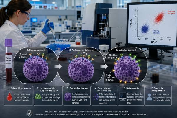 Learn how the basophil activation test uses CD63 and CD203c to assess functional allergy, how results are interpreted, and why BAT cannot precisely predict future reaction severity.