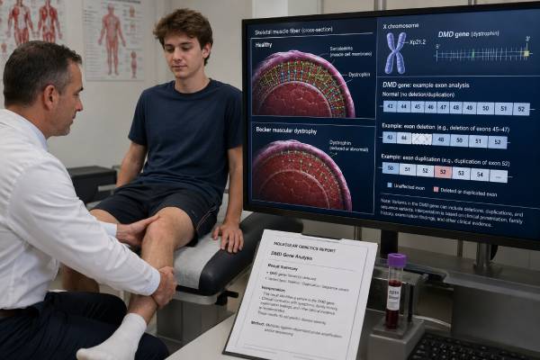 Learn how Becker muscular dystrophy genetic testing detects DMD deletions, duplications, and sequence variants, and what results mean for weakness, heart care, and family risk.