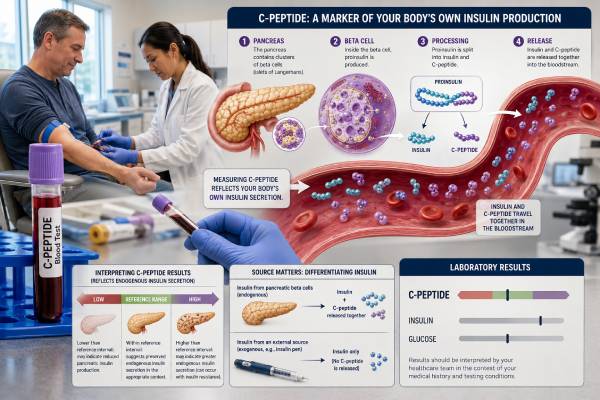 C-Peptide Blood Test: High, Low, Normal Range, Diabetes, and Results Learn how a C-peptide blood test measures pancreatic insulin production, what high or low results mean, how ranges vary, and how it helps evaluate diabetes and hypoglycemia.