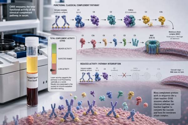 Learn what a CH50 complement test measures, why levels may be low or absent, how CH50 and AH50 patterns are interpreted, and which follow-up tests may be needed.