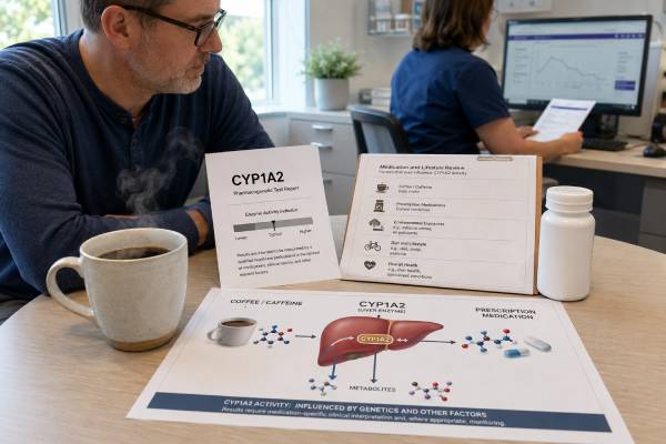 CYP1A2 Genetic Test: Caffeine, Clozapine, Drug Metabolism, and Results Understand CYP1A2 genetic test results for caffeine and clozapine, including why smoking, inflammation, interactions, and drug levels often matter more.