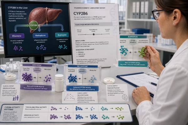 CYP2B6 Genetic Test: Efavirenz, Methadone, Bupropion, and Results Understand CYP2B6 test results for efavirenz, methadone, and bupropion, including metabolizer phenotypes, drug-specific guidance, and test limitations.