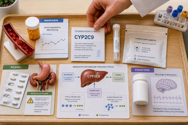 CYP2C9 Genetic Test: Warfarin, NSAIDs, Phenytoin, and Results Learn how CYP2C9 test results affect warfarin, NSAIDs, and phenytoin, including metabolizer types, dose guidance, allele coverage, monitoring, and safety limits.