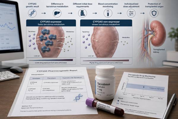 CYP3A5 Genetic Test: Tacrolimus Dosing, Metabolism, and Results Understand CYP3A5 genetic test results, tacrolimus expresser status, genotype-guided starting doses, trough monitoring, and safe transplant medication use.
