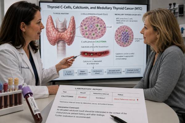 Learn how the calcitonin blood test measures thyroid C-cell activity, why levels rise, how results relate to medullary thyroid cancer, and what follow-up may involve.