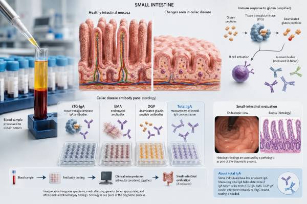 Learn how tTG-IgA, EMA, DGP, and total IgA are used to screen for celiac disease, interpret positive or negative results, and guide biopsy or follow-up.