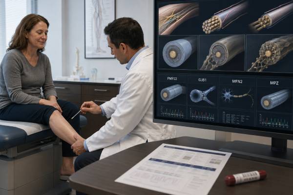 Learn how Charcot-Marie-Tooth genetic testing evaluates PMP22, GJB1, MFN2, MPZ, copy-number changes, inheritance, and positive, negative, or uncertain results.