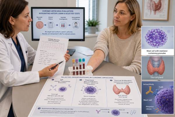 Learn which blood tests are useful for chronic urticaria, how total IgE, tryptase, anti-TPO antibodies, and autoimmune markers are interpreted, and when broader testing is needed.