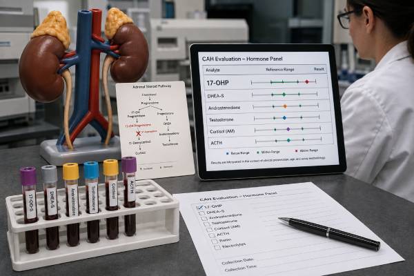 Congenital Adrenal Hyperplasia (CAH) Test Panel: 17-OHP, Androgens, and Results Learn how a CAH test panel uses 17-OHP, cortisol, androgens, renin, aldosterone, stimulation, and genetics to identify enzyme deficiencies and monitor treatment safely.