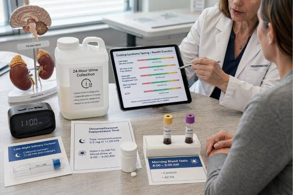 Cushing Syndrome Test Panel: Late-Night Cortisol, Urine Free Cortisol, Dexamethasone, ACTH, and Results Learn how late-night cortisol, 24-hour urine free cortisol, dexamethasone suppression, ACTH, imaging, and repeat testing work together to diagnose Cushing syndrome.