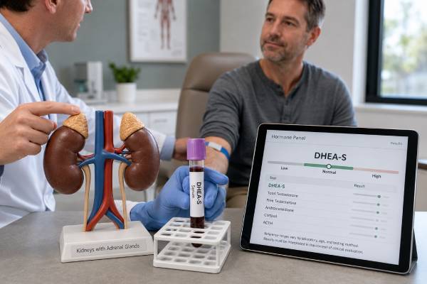 DHEA-S Test in Men: High, Low, Adrenal Androgens, and Results Learn what a DHEA-S test in men measures, why levels may be high or low, how age and supplements affect results, and which adrenal tests guide follow-up.