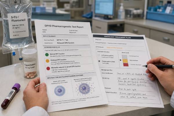 DPYD Genetic Test: Fluoropyrimidine Toxicity, 5-FU, Capecitabine, and Results Learn how DPYD genetic test results, activity scores, and DPD deficiency affect 5-FU and capecitabine dosing, toxicity risk, monitoring, and urgent care.