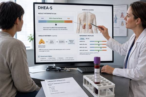 Understand the DHEA-S test, age-specific ranges, adrenal causes of high or low results, links with PCOS and CAH, and the follow-up tests that help.