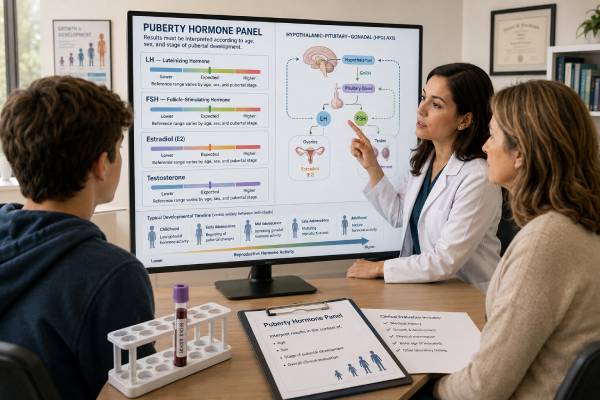 Understand delayed puberty hormone testing with LH, FSH, estradiol, and testosterone, common result patterns, age cutoffs, causes, and next steps.