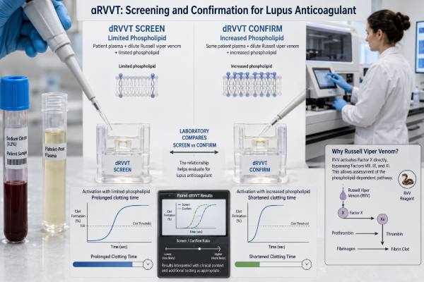 Learn how the dRVVT test screens for lupus anticoagulant, how screen-mix-confirm results are interpreted, and why anticoagulants can distort the result.