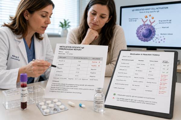 Learn what a drug allergy IgE test can detect, which medications have supported assays, why negative results are limited, and how skin tests or supervised challenges clarify a drug allergy label.