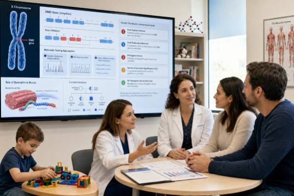 Duchenne Muscular Dystrophy Genetic Test DMD Gene, Deletions, and Results Understand DMD genetic testing for Duchenne muscular dystrophy, including exon deletions, duplications, sequencing, reading-frame results, treatment eligibility, and carrier risk.