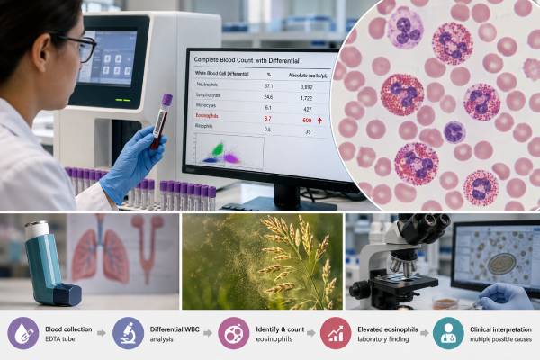 Learn how an eosinophil count is reported, what mild and marked elevations mean, and how allergy, asthma, parasites, drugs, and systemic disease are evaluated.