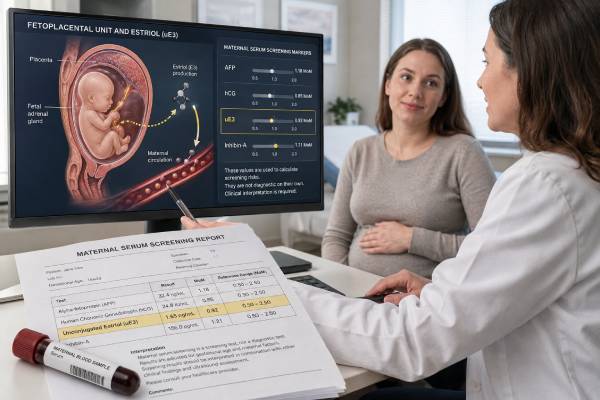 Estriol Test in Pregnancy: Placenta Health, Fetal Screening, and Results Learn what unconjugated estriol measures in pregnancy, how low and high results affect quad-screen risk, and which ultrasound, screening, or diagnostic follow-up may be offered.