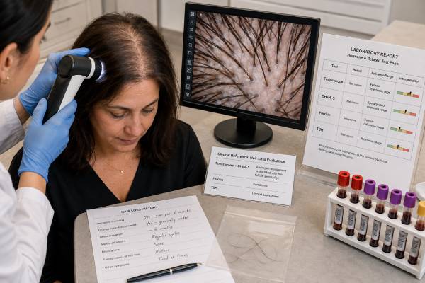Learn how testosterone, DHEA-S, ferritin, and TSH tests are used in female hair loss, what abnormal results can mean, and when scalp-focused evaluation is needed.