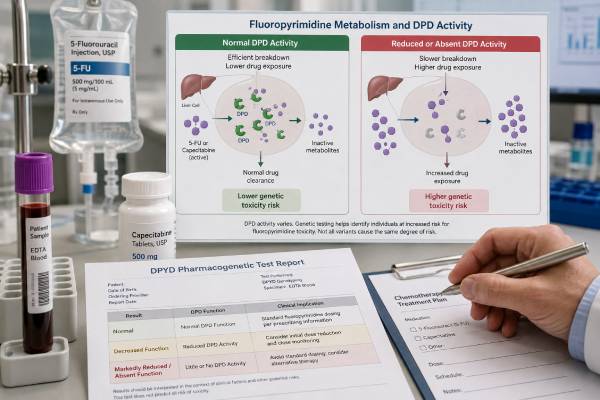 Fluoropyrimidine Pharmacogenetic Test: DPYD, 5-FU, Capecitabine Toxicity, and Results Learn how fluoropyrimidine pharmacogenetic testing uses DPYD results to guide 5-FU and capecitabine starting doses, monitoring, toxicity prevention, and emergency care.