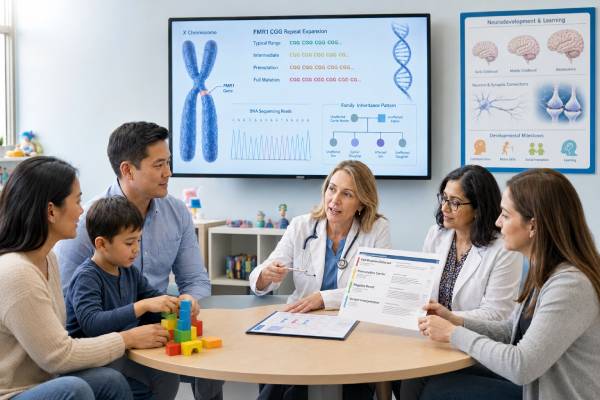 Understand Fragile X FMR1 testing, CGG repeat ranges, methylation, mosaicism, autism-related features, premutation risks, AGG interruptions, and family results.