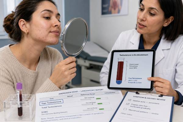 Learn how free testosterone is tested in women, why high levels can cause acne and hair growth, how SHBG changes results, and which follow-up tests identify the cause.