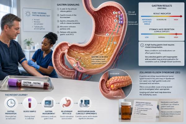 Gastrin Blood Test: High Levels, Stomach Acid, Zollinger-Ellison Syndrome, and Results Learn why a gastrin blood test is ordered, how PPIs and stomach acid affect results, and when high levels may suggest Zollinger-Ellison syndrome or low acid.