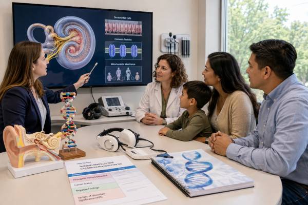Hereditary Hearing Loss Genetic Test: GJB2, GJB6, Mitochondrial DNA, and Results Understand GJB2, GJB6-region, and mitochondrial hearing-loss testing, including carrier findings, maternal inheritance, aminoglycoside risk, panel limits, and family results.