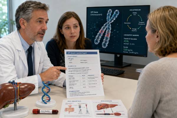Hereditary Hemochromatosis Genetic Test: HFE Gene, C282Y, H63D, and Results Understand HFE C282Y and H63D results, iron studies, penetrance, liver-risk assessment, family testing, and when hereditary hemochromatosis treatment is appropriate.