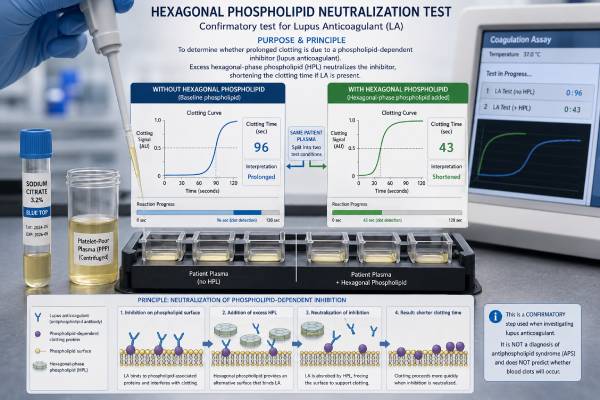 Learn how the hexagonal phospholipid neutralization test confirms lupus anticoagulant, what the delta clotting time means, and which drugs can interfere.
