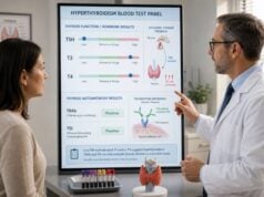 Understand a hyperthyroidism blood test panel, including low TSH, high T3 or T4, TRAb and TSI results, causes, interference, and follow-up.