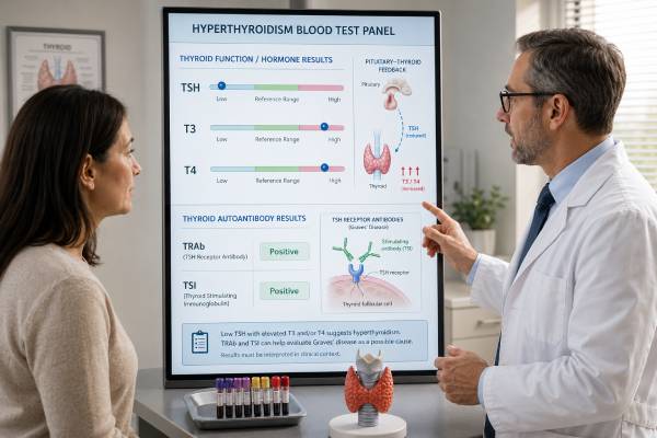 Hyperthyroidism Blood Test Panel: Low TSH, T3, T4, TRAb, TSI, and Results Understand a hyperthyroidism blood test panel, including low TSH, high T3 or T4, TRAb and TSI results, causes, interference, and follow-up.