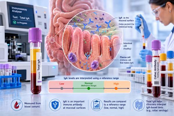 Learn how to interpret an IgA blood test, including age-specific normal ranges, causes of high or low IgA, selective IgA deficiency, and its effect on celiac disease testing.