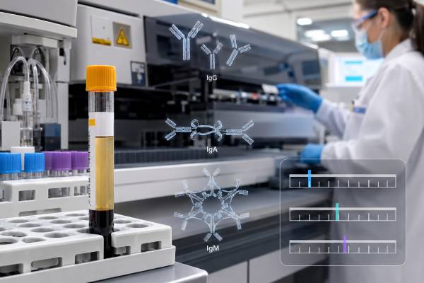 Understand IgG, IgA, and IgM blood test results, including normal ranges, causes of high or low levels, immune deficiency patterns, and polyclonal versus monoclonal increases.