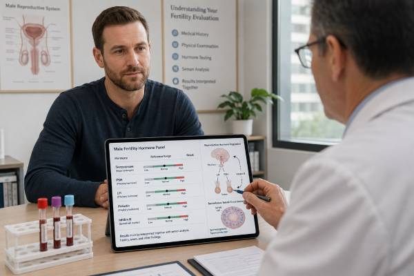 Learn how testosterone, FSH, LH, prolactin, and inhibin B are used in a male infertility blood test panel, including result patterns, ranges, preparation, and follow-up.