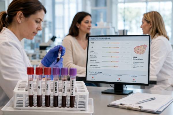 Understand how FSH, LH, AMH, estradiol, and prolactin are used in a female infertility blood test panel, including timing, result patterns, ranges, and next steps.
