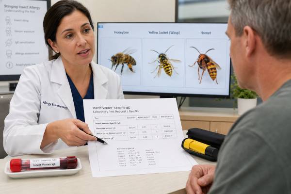 Learn how insect venom IgE testing helps diagnose bee, wasp, and hornet allergy, interpret positive or negative results, assess anaphylaxis risk, and guide venom immunotherapy.