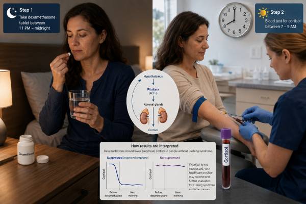Understand the 1-mg low-dose dexamethasone suppression test, the common cortisol cutoff of 1.8 mcg/dL, causes of nonsuppression, and the follow-up used for Cushing screening.