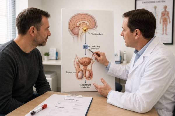 Learn how an LH test in men helps distinguish testicular failure from pituitary or functional causes of low testosterone, what high and low patterns mean, and which follow-up tests are used.