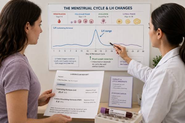 Learn how an LH test is used for ovulation, fertility, PCOS, and menopause, including blood and urine testing, timing, result patterns, and follow-up.