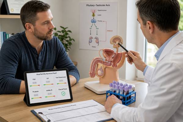 Understand how a male fertility hormone panel uses FSH, LH, testosterone, prolactin, and inhibin B to investigate abnormal semen results while preserving sperm production and fertility options.