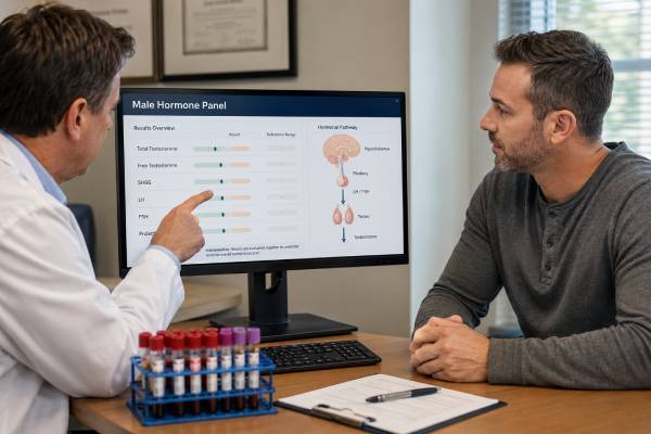 Learn how a male hormone test panel combines testosterone, free testosterone, SHBG, LH, FSH, and prolactin to identify testicular, pituitary, binding, and fertility-related patterns.