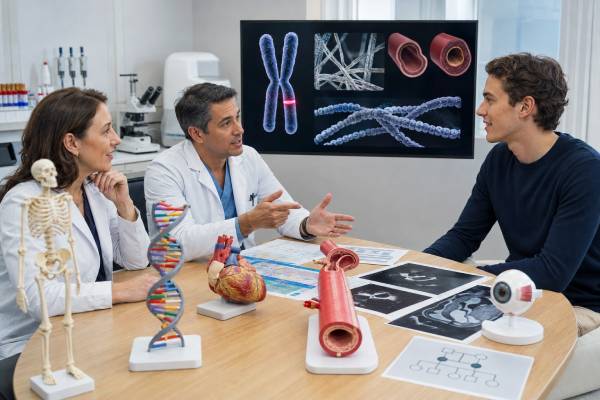 Understand FBN1 genetic testing for Marfan syndrome, including clinical criteria, positive, negative, and VUS results, aortic care, family risk, and pregnancy.