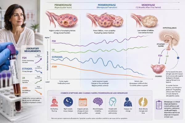 Menopause Hormone Test Panel: FSH, Estradiol, LH, AMH, Symptoms, and Results Learn when FSH, estradiol, LH, and AMH testing helps assess menopause and perimenopause, including result patterns, symptoms, limitations, and follow-up.