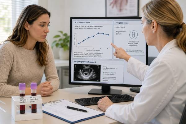 Understand hCG and progesterone testing for suspected miscarriage, common result patterns, ultrasound follow-up, treatment limits, and urgent ectopic warning signs.